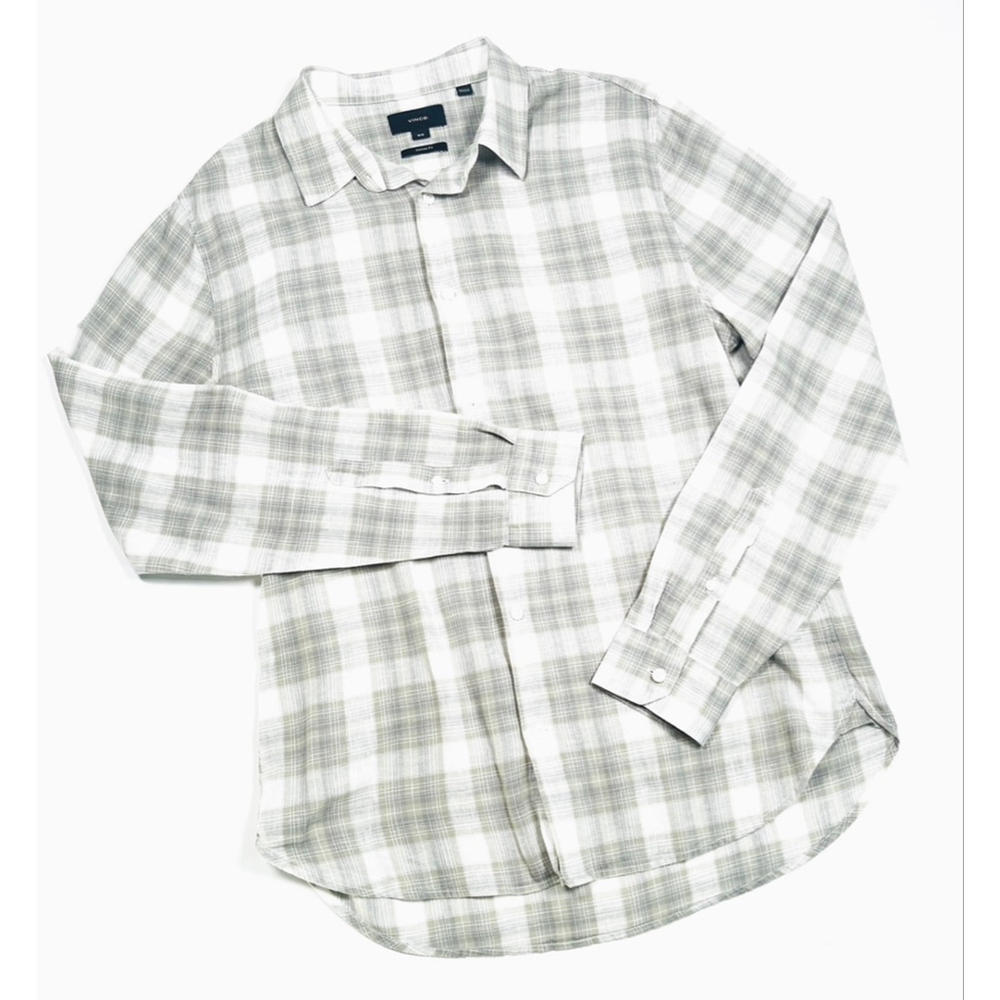 Vince Mens Shirt Plaid Shirt Size M White Gray Linen Cotton